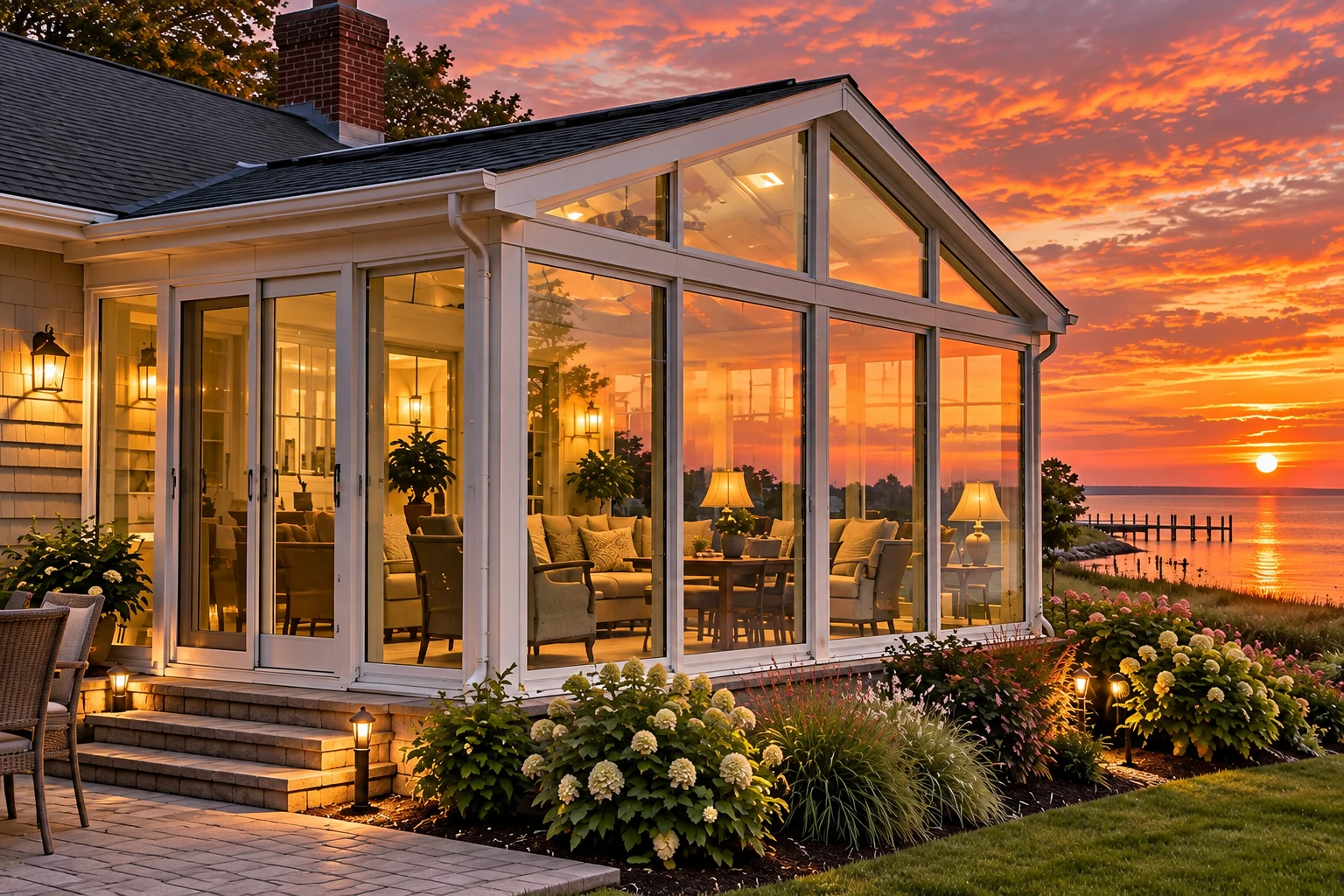 A glass-walled sunroom addition glows at sunset beside a waterfront, with white frames, furnished seating and a flower garden.