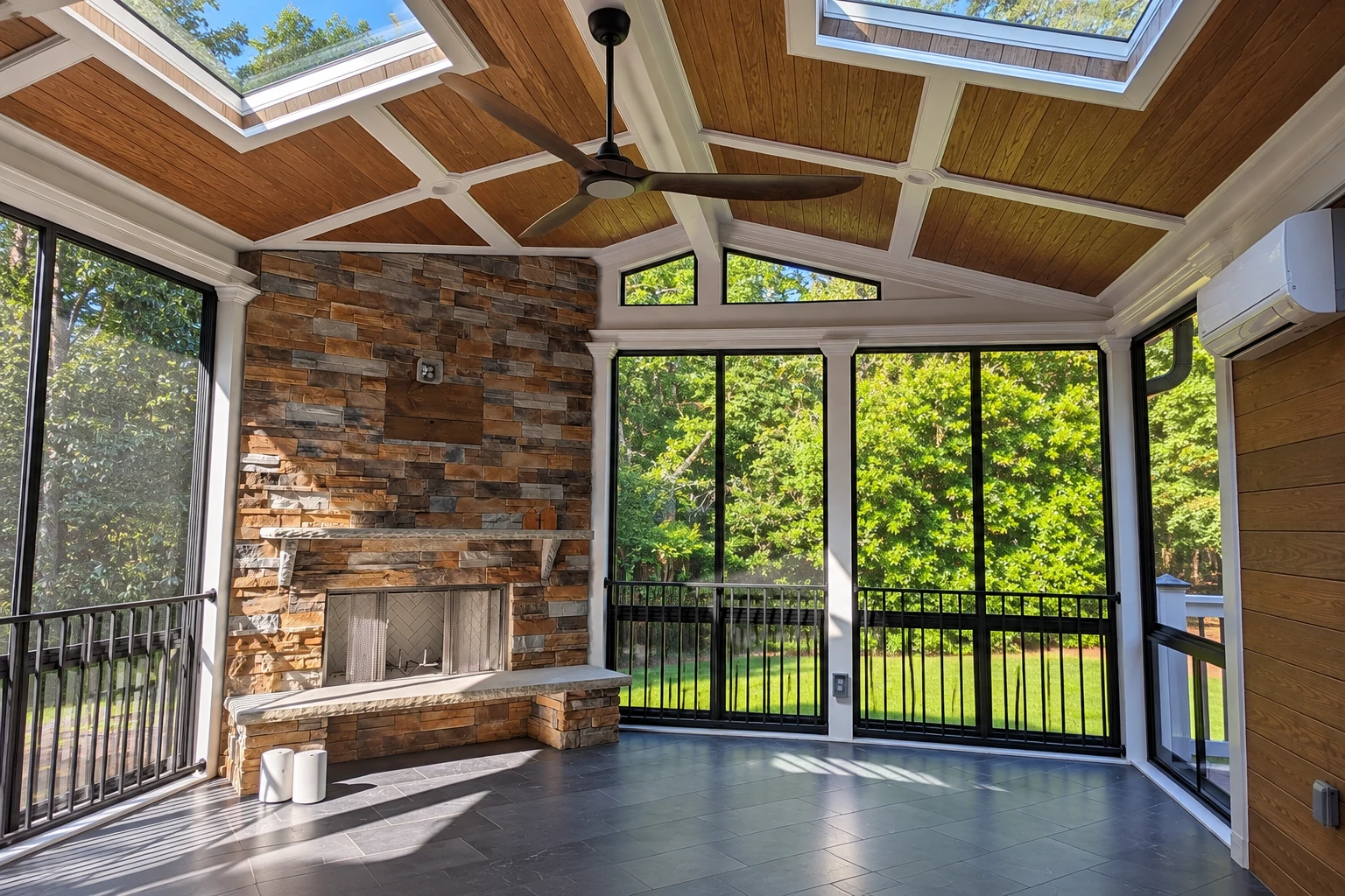 Custom sunroom with a wood-paneled vaulted ceiling, skylights, stone fireplace and tall windows overlooking trees.