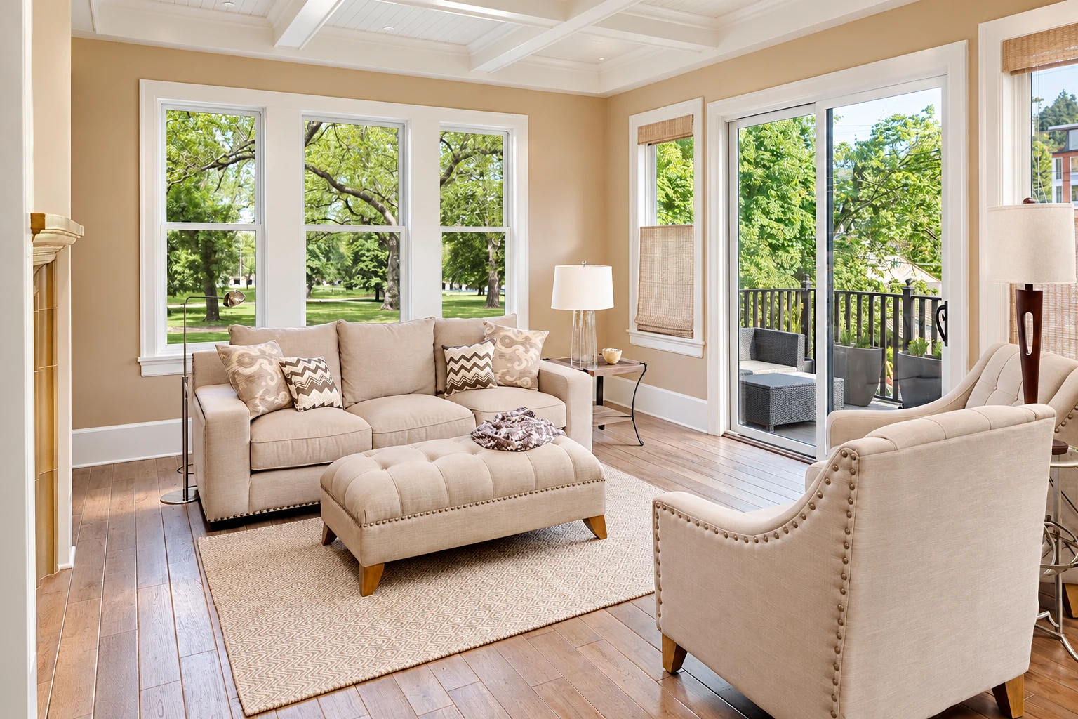 Sunroom converted from a deck, furnished with beige seating, wood floors and large windows opening toward a deck.