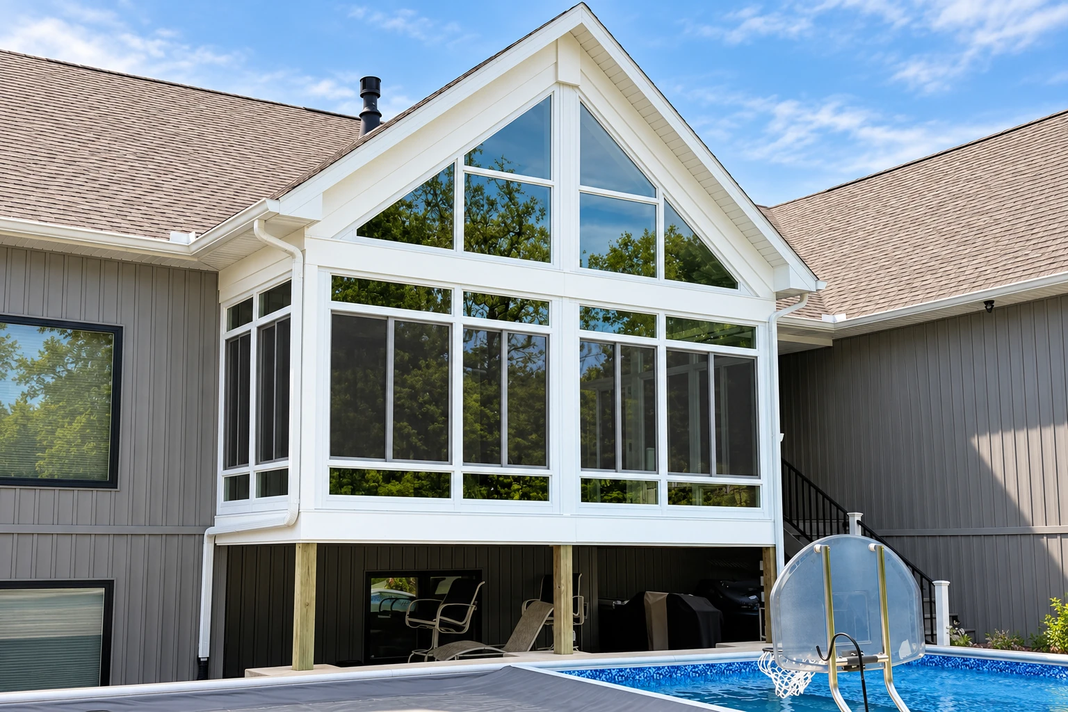 A white, gable-roofed sunroom addition with large windows extends over a backyard swimming pool.