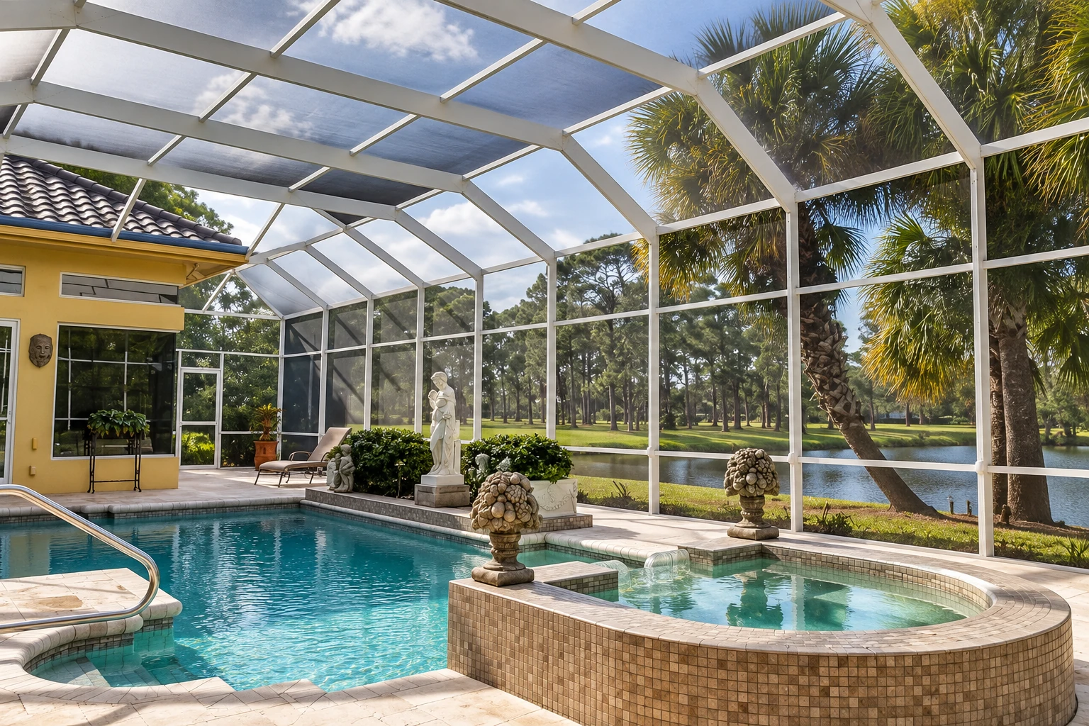 A screened patio enclosure surrounds a swimming pool and spa, with a white-framed roof and views of palms and water.