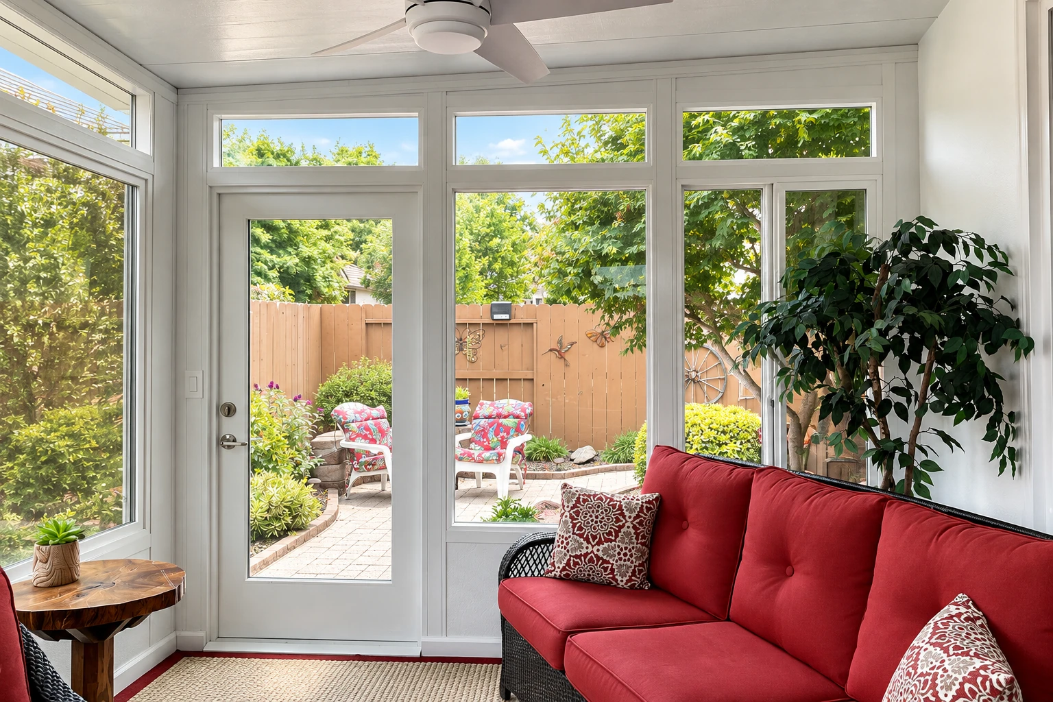 A bright four-season sunroom with white-framed windows, a red sofa, and views of a garden patio.