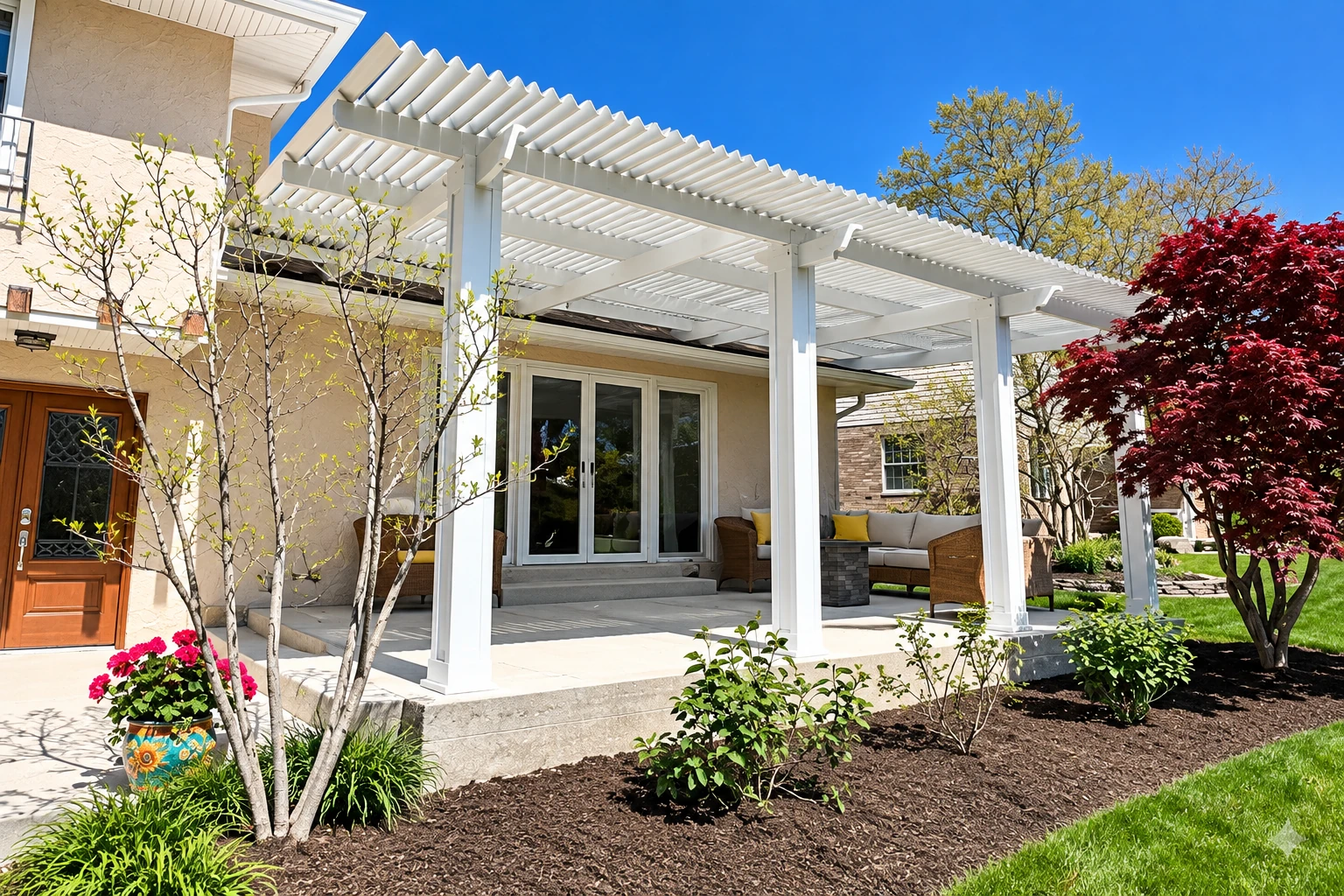 A white pergola patio cover extends from a house over a furnished concrete patio, surrounded by landscaped gardens.