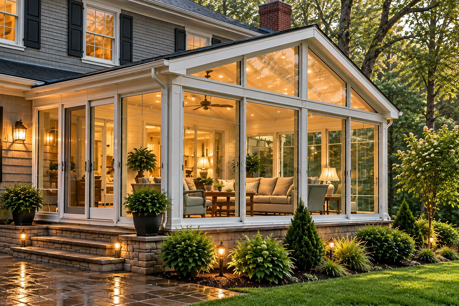 A glass patio enclosure attached to a house, with a peaked roof, white framing, and a warmly lit seating area.