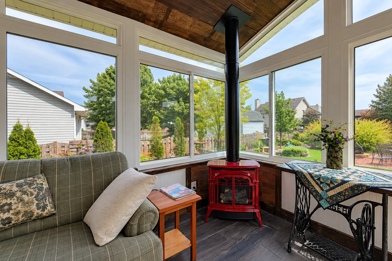 Enclosed patio room with large windows, a red wood stove, a sofa and a table overlooking a garden.