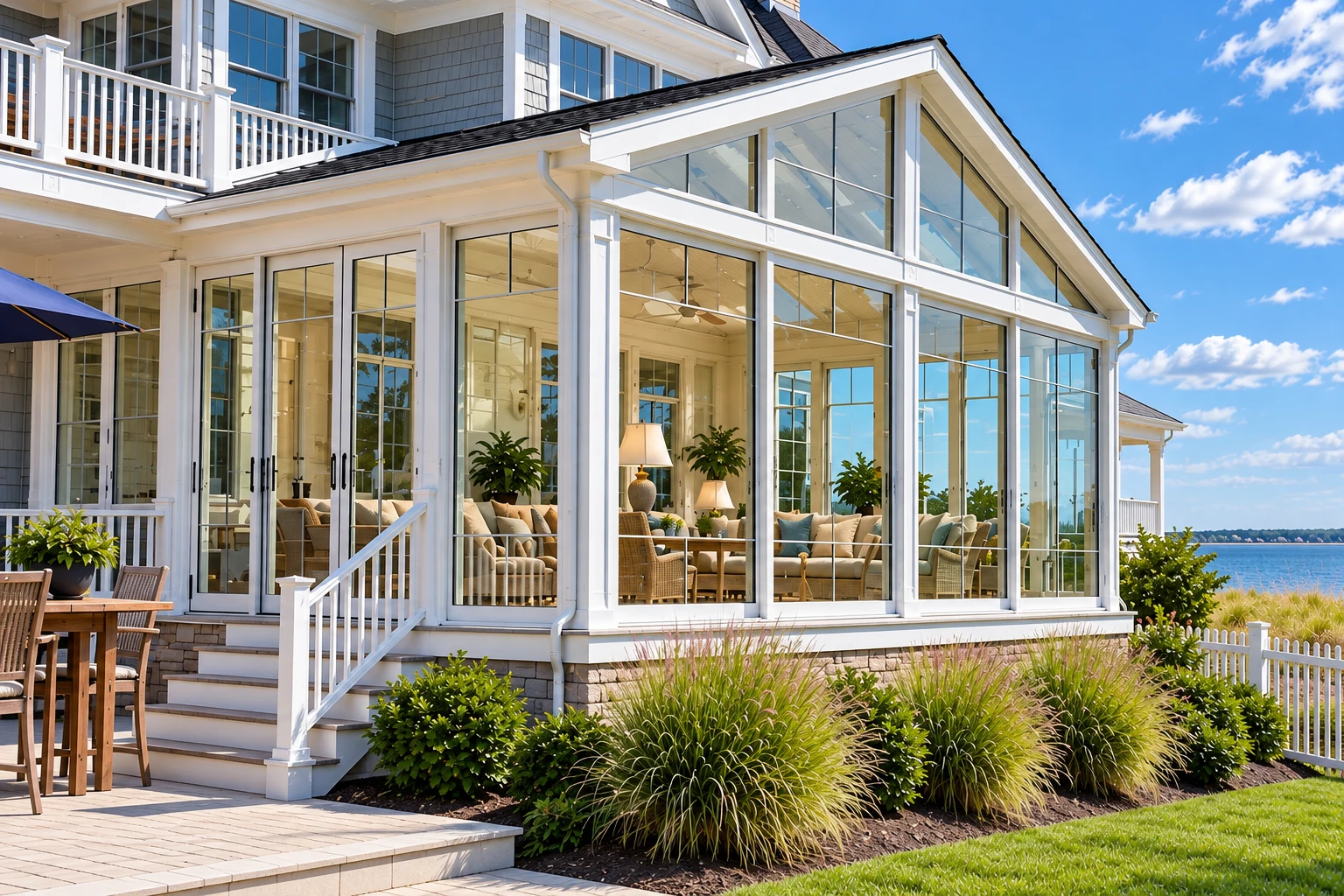 Glass-enclosed sunroom addition with white framing, overlooking a lawn and waterfront.