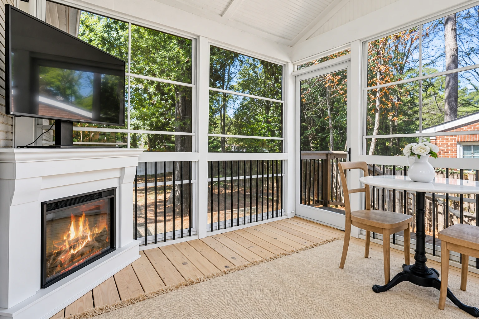 Screened porch with white framing, wood flooring, a fireplace, and a small table beside tall mesh panels.