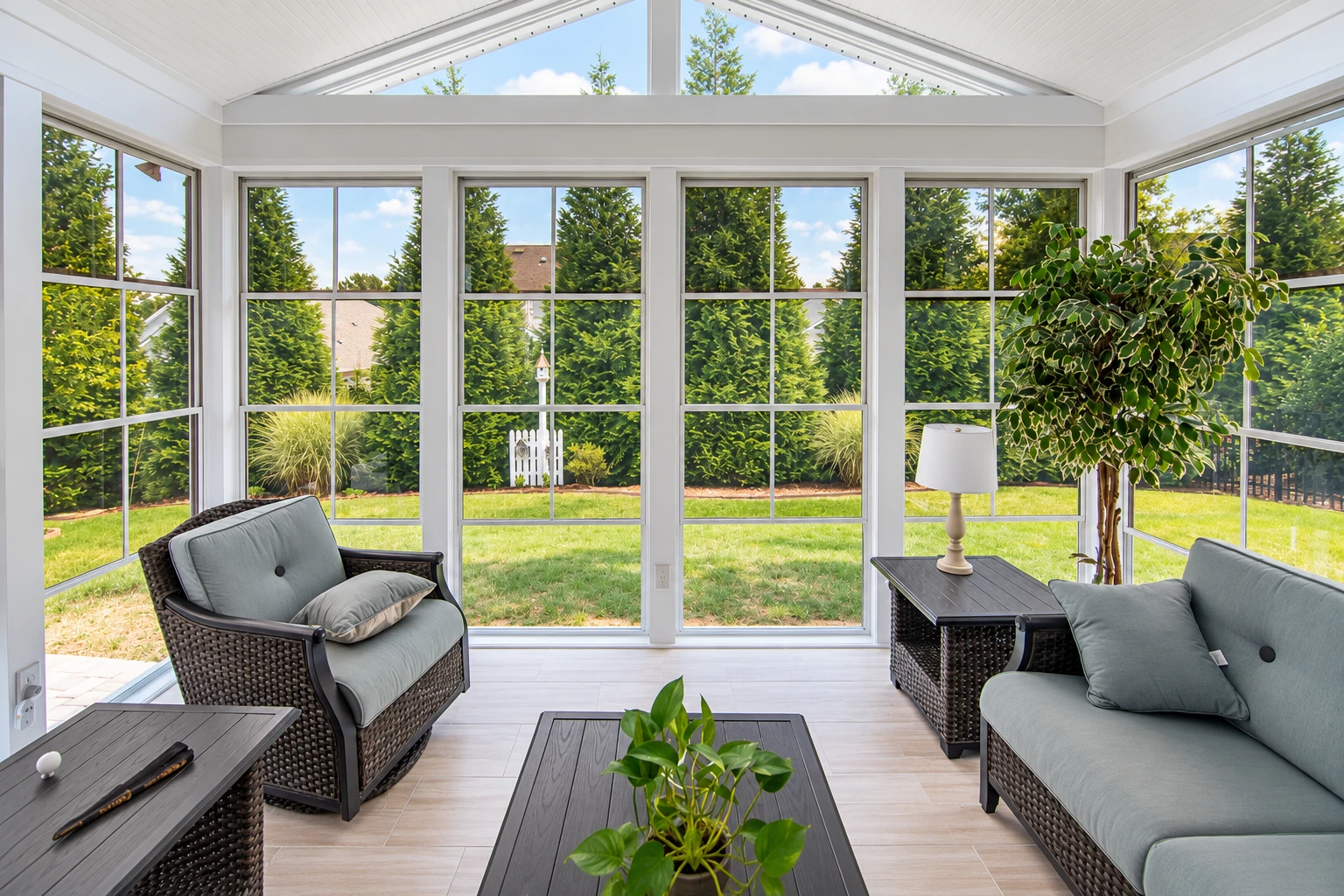 A bright solarium with a high peaked ceiling and large windows is furnished with wicker chairs, a sofa and dark tables.