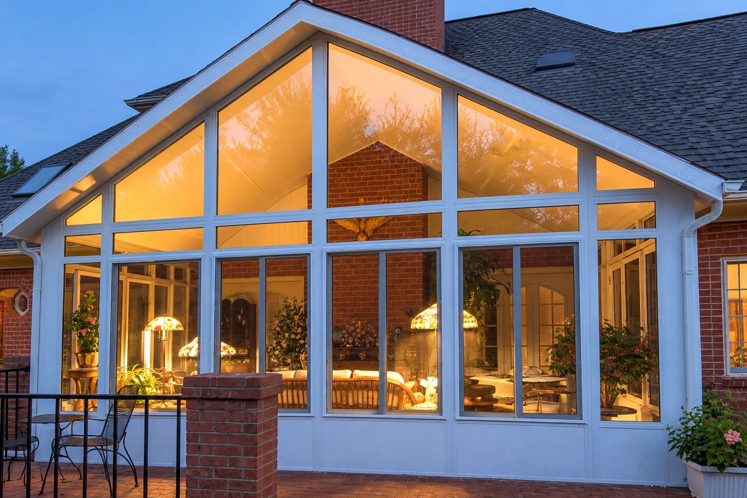A large glass solarium glows warmly at dusk, its white frames following the sloped roof of a brick house.