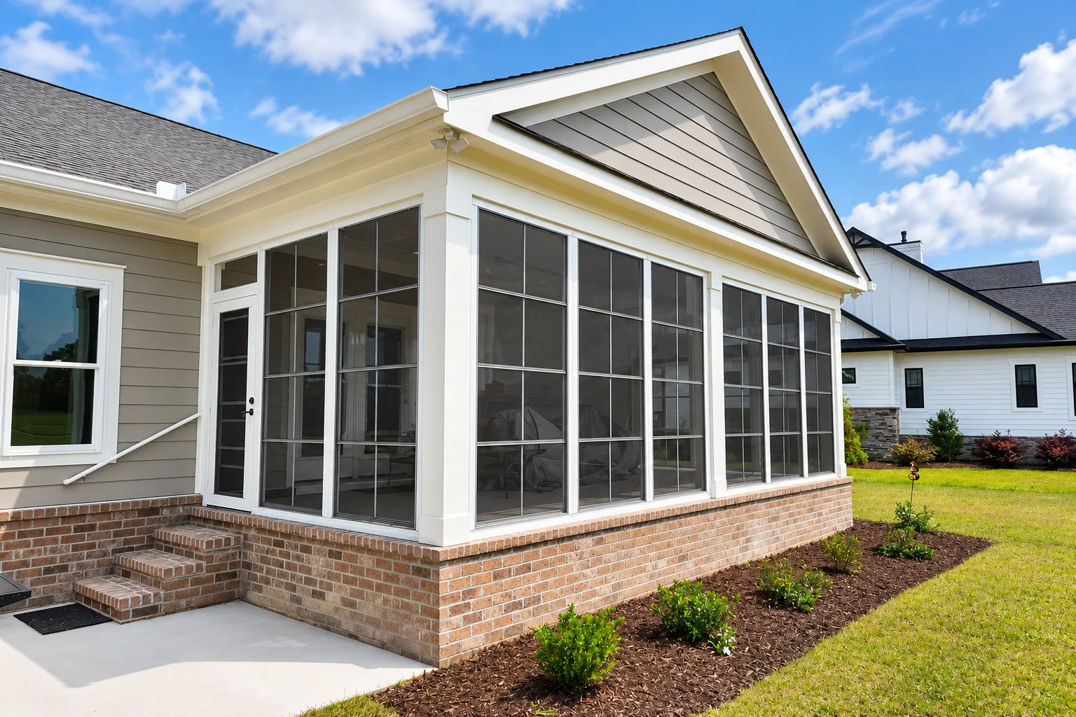 Sunroom addition with white framing, tall glass panels and a brick base attached to a gray-sided house.