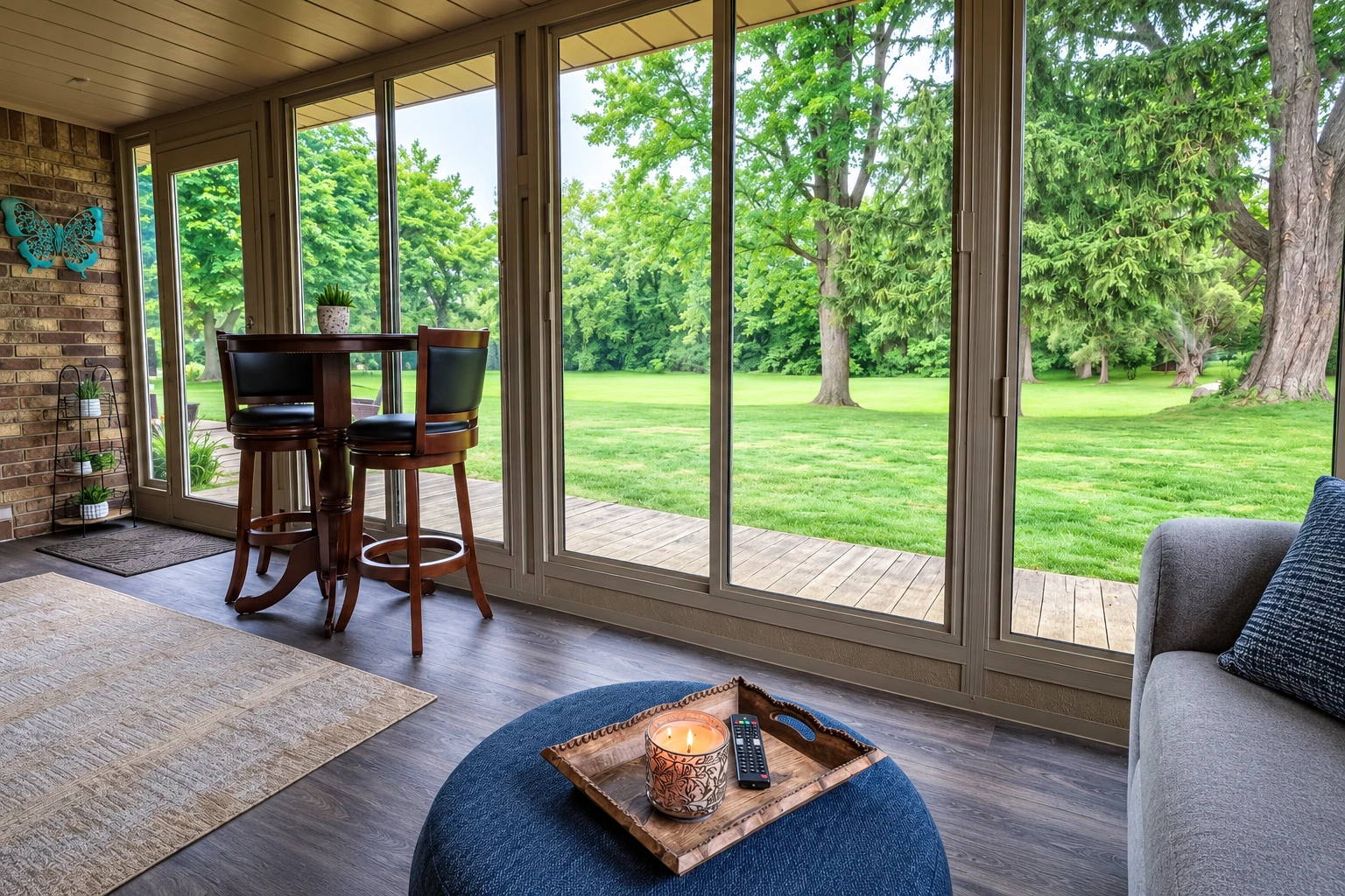 A sunroom with broad sliding glass doors overlooks a green lawn and trees, with a small dining set and lounge seating.