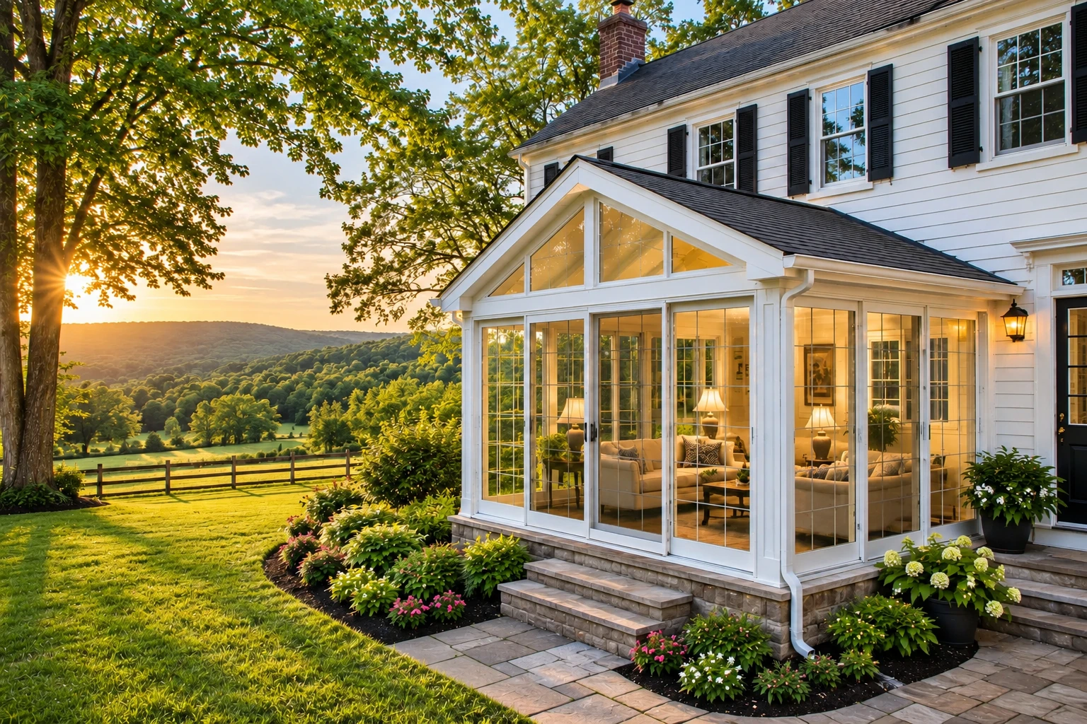 White glass-enclosed sunroom addition attached to a house, with a peaked roof and stone steps at sunset.