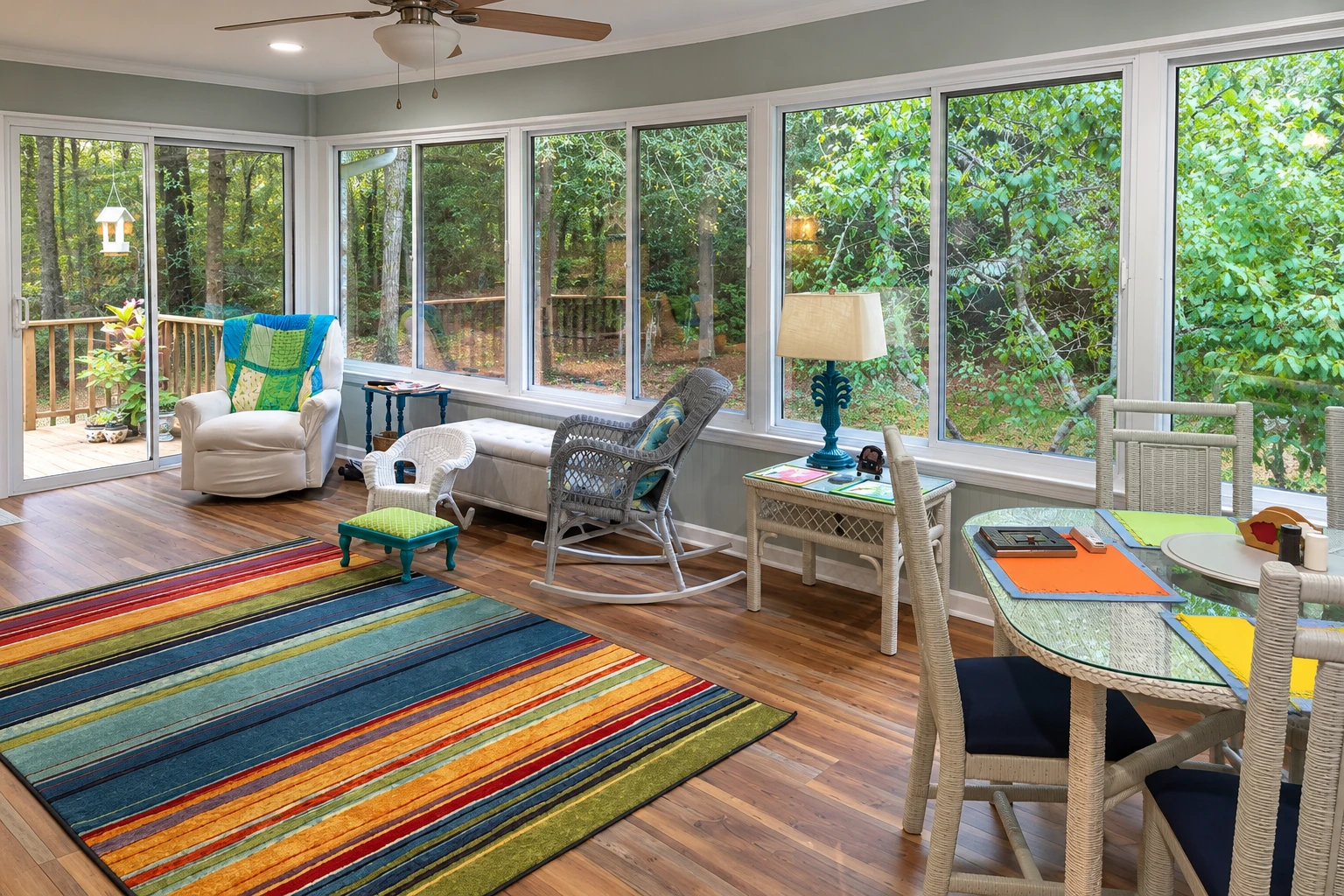 Bright remodeled sunroom with large windows, wicker chairs, a colorful striped rug and views of trees.