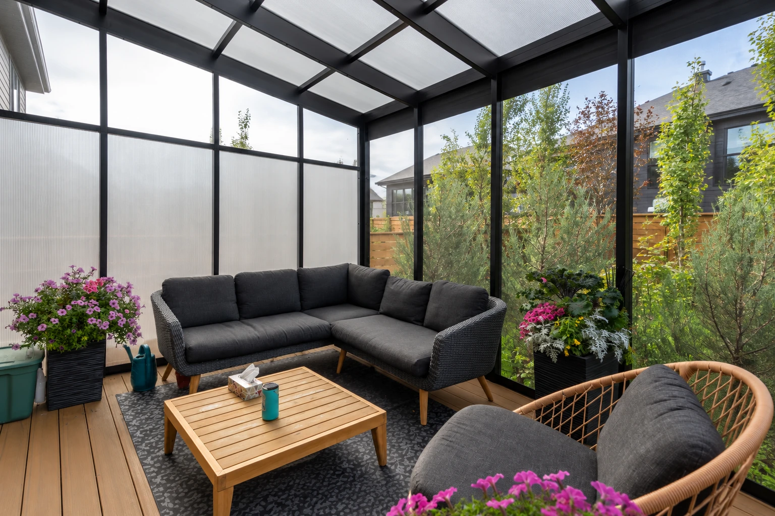 Screened sunroom with a black frame, translucent roof panels, sectional seating and potted flowers.