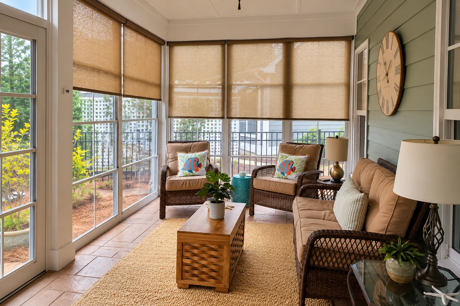 A three-season sunroom with woven seating, tan roll-down shades, and large windows facing a garden.