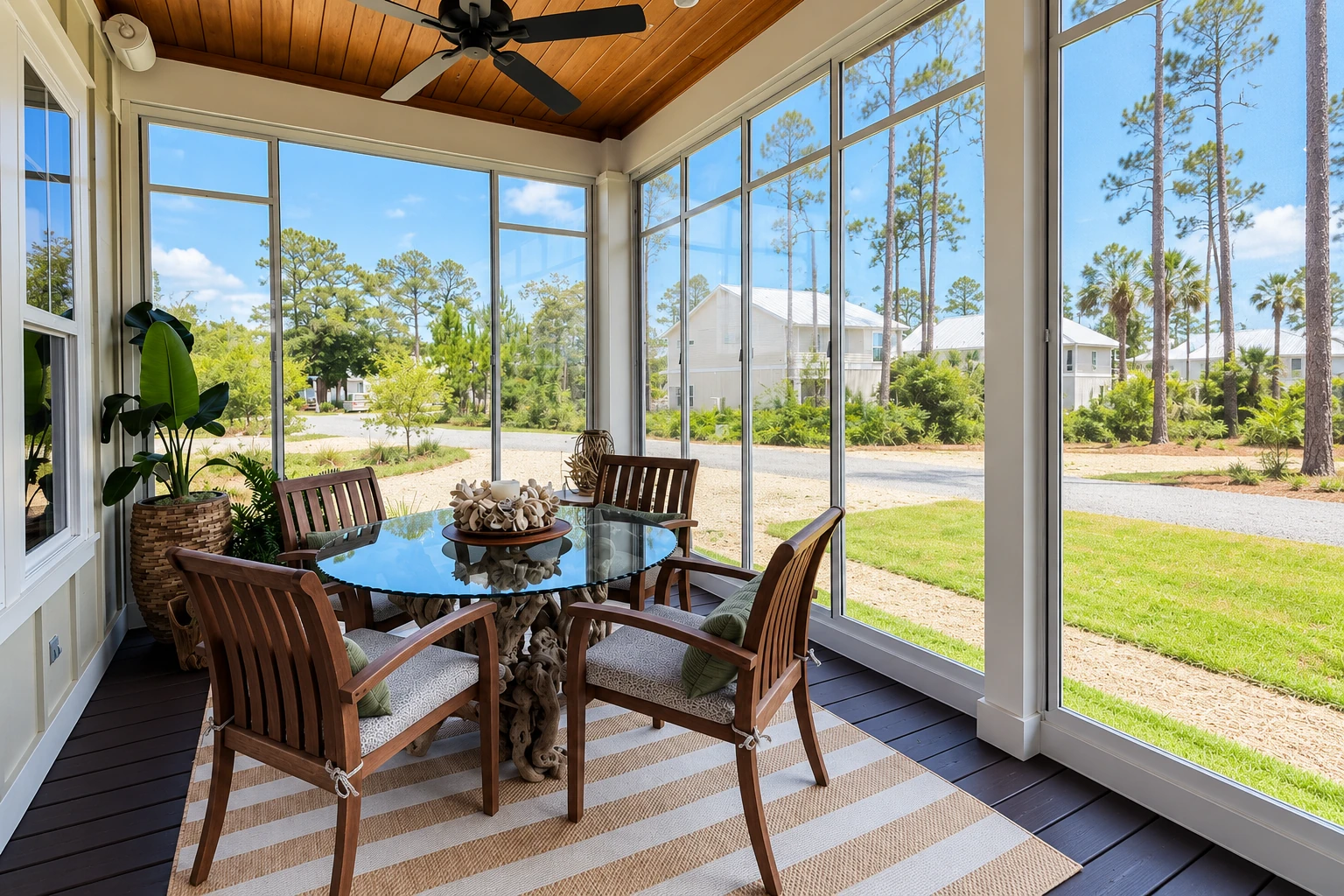 Three-season sunroom with a wood-paneled ceiling, glass walls, and a dining set overlooking a sunny yard.